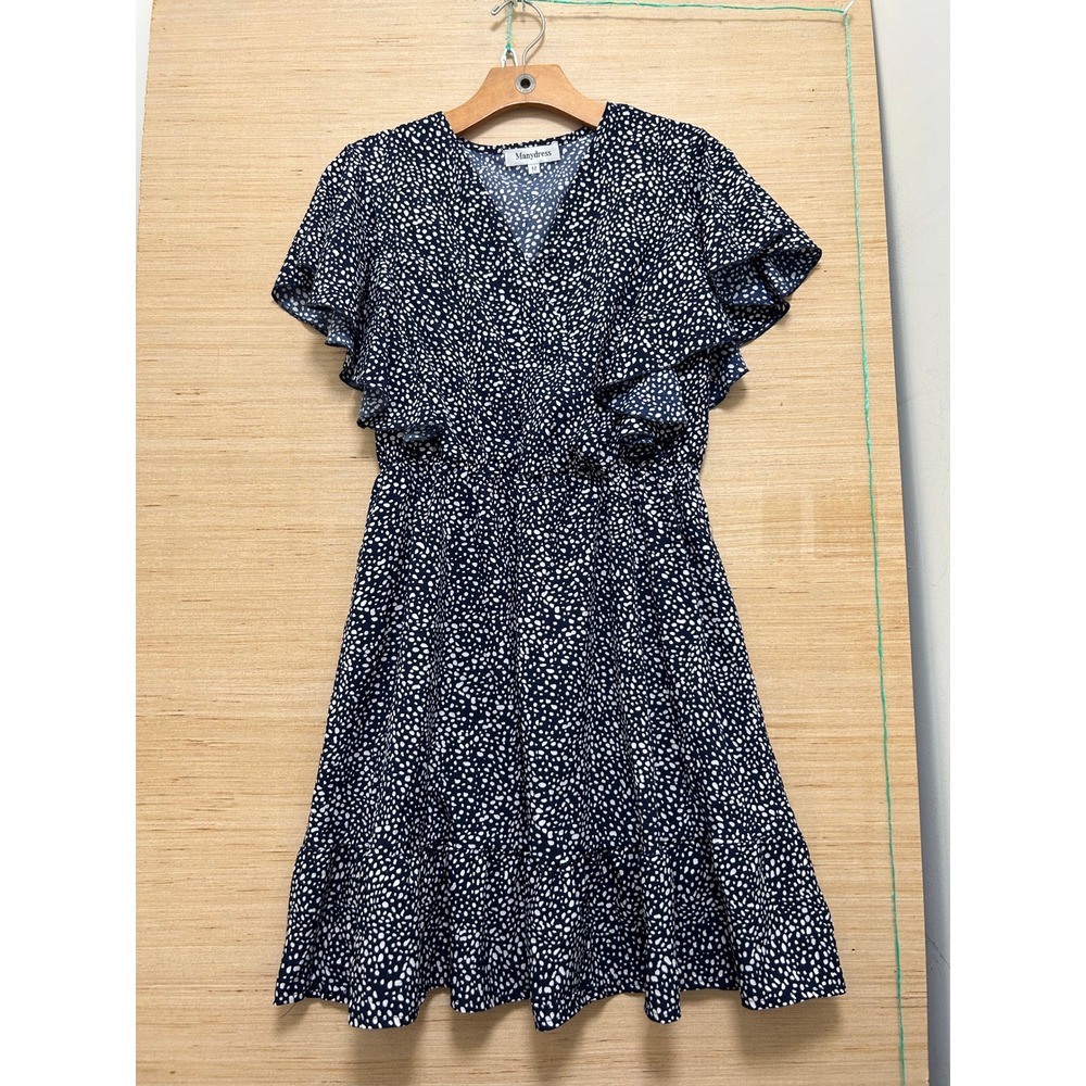 Manydress‎ Navy Blue White Polka Dot V-Neck Ruffle Butterfly Sleeve Mini Dress M